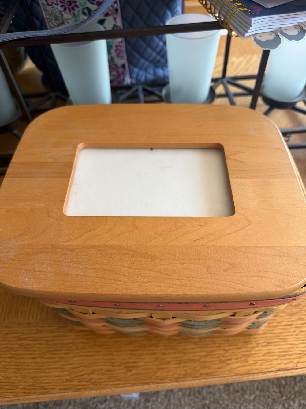 Longaberger Basket with Natural Wood Top and Pink & Green Weave